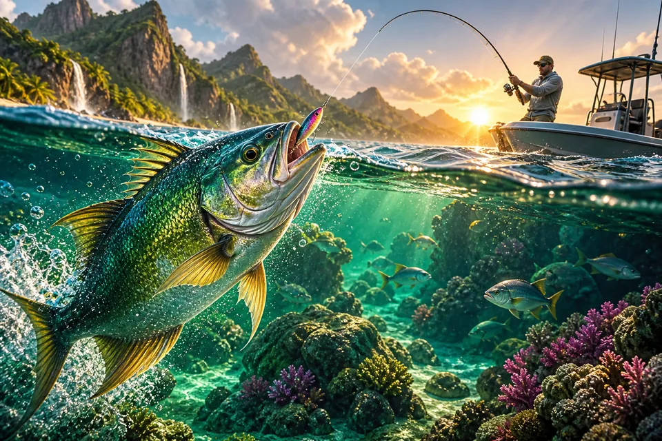 သန္တာကျောက်တန်း ဘေး မှာ ရှိနေတဲ့ ကြီးမားတဲ့ ဘော့စ် ငါး ကို ပြနေတဲ့ ဓာတ်ပုံ